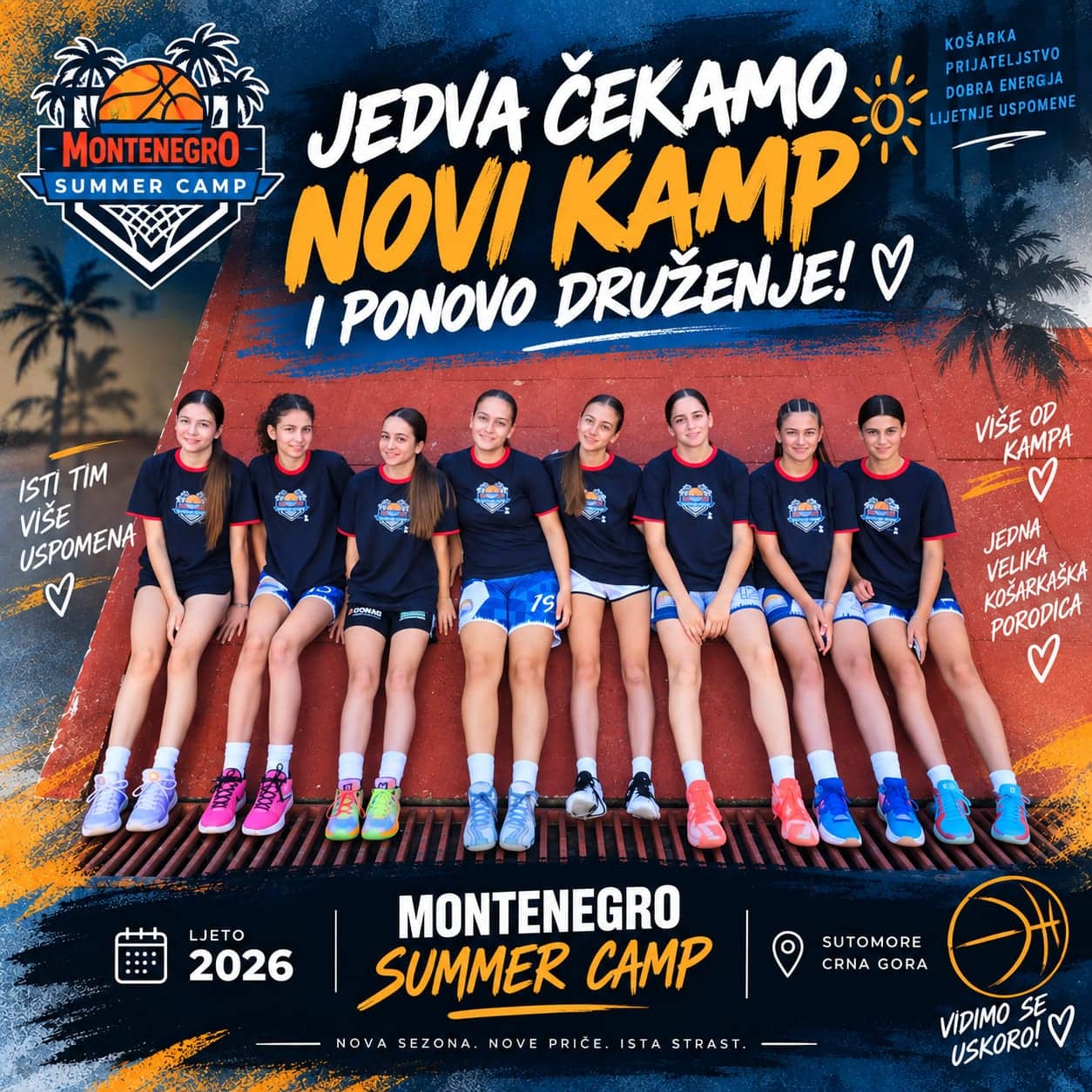 Camp promo graphic with a team of girl players: “We can't wait for the new camp and to hang out again!”