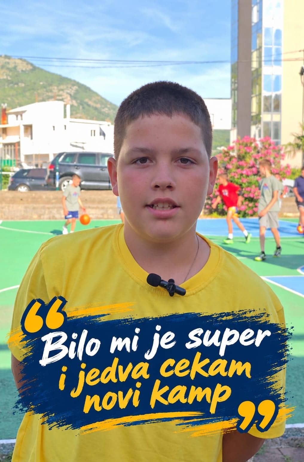 A camper on the court with the quote “It was great and I can't wait for the next camp”