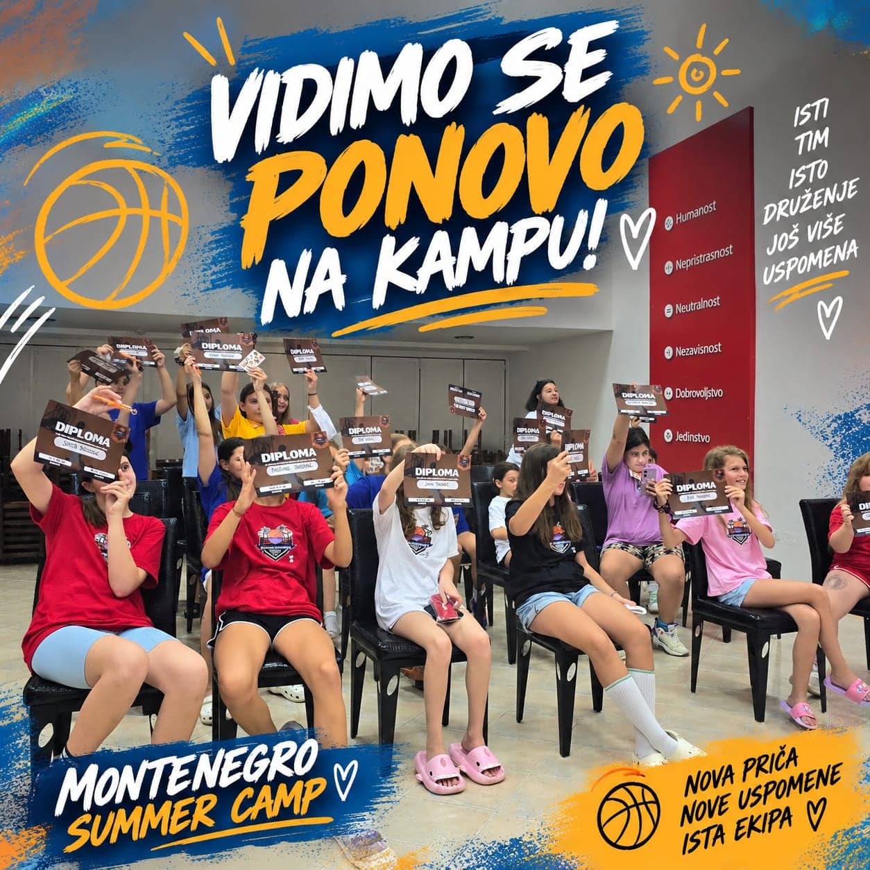 Camp promo graphic: campers holding up diplomas, “See you again at camp!”